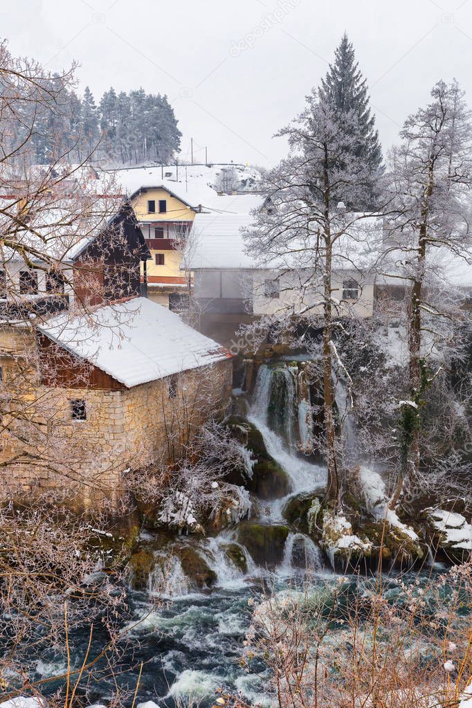 Beautiful and magic waterfalls during winter at Slunj, Croatia, 