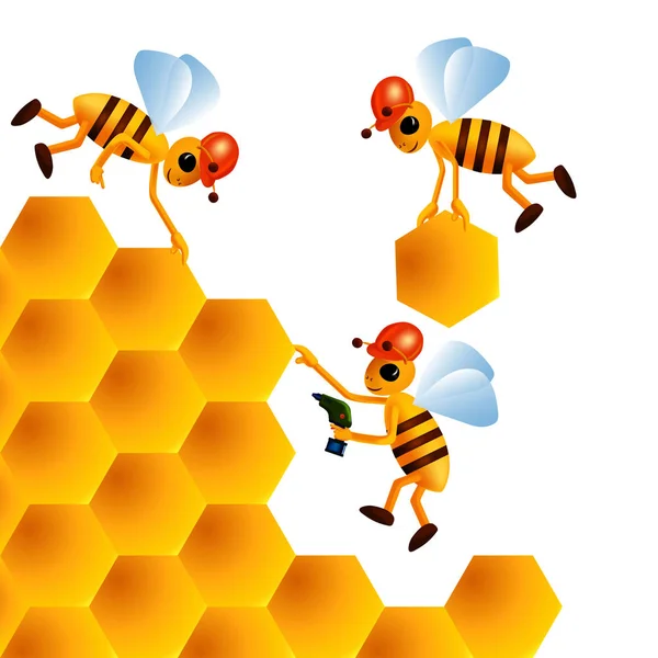 Tre Tecknade Bina Bygga Honeycombs — Stock vektor