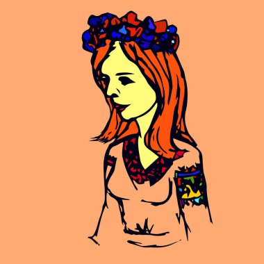 Vektör cketch çelenk çiçek ve işlemeli gömlek Ukraynalı kız