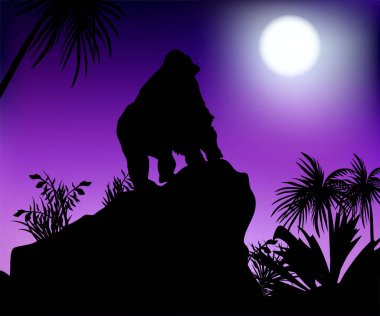 Bir kaya üzerinde ay duran goril bakar