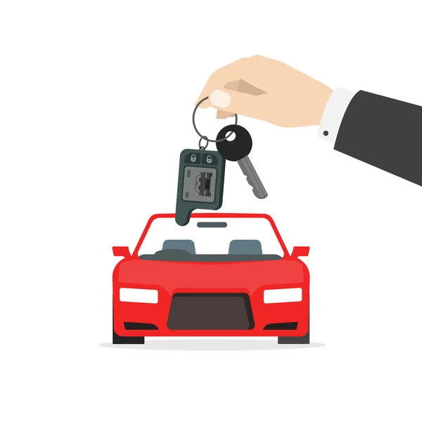 Ręka trzyma kluczyki do samochodu w pobliżu wektor auto na białym tle, koncepcja prezent — Wektor stockowy