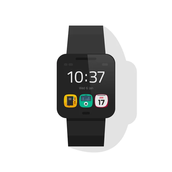 Reloj inteligente vector negro, reloj de mano digital, smartwatch diseño plano — Vector de stock