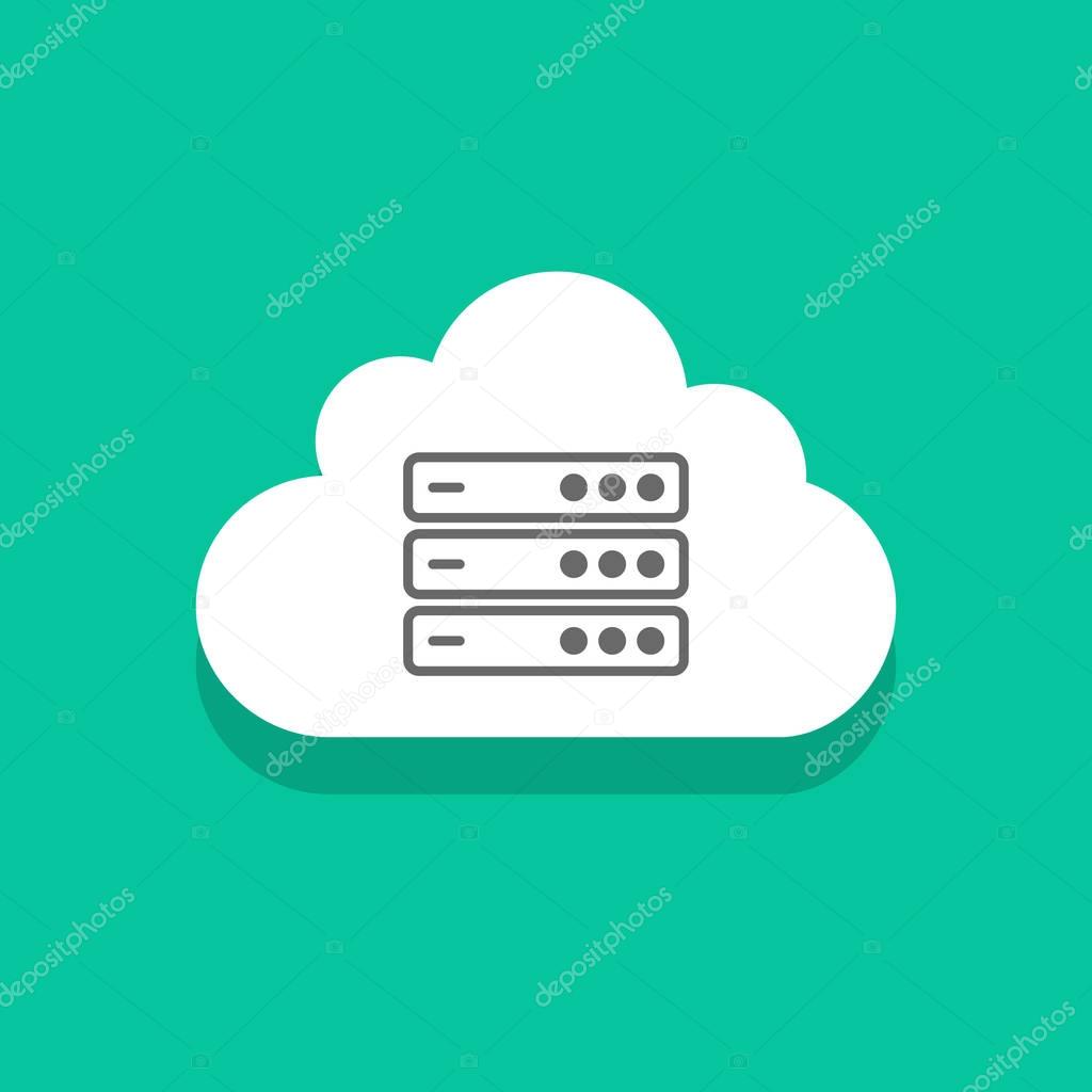 Cloud servers technology icon vector illustration isolated on green color background, concept cloud computing network sign, data center symbol flat cartoon design