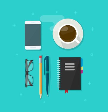 Masaüstü tablo nesneleri vektör, office öğeleri, kalem, kurşun kalem, gözlük, defter, kahve fincanı ile tablo ile