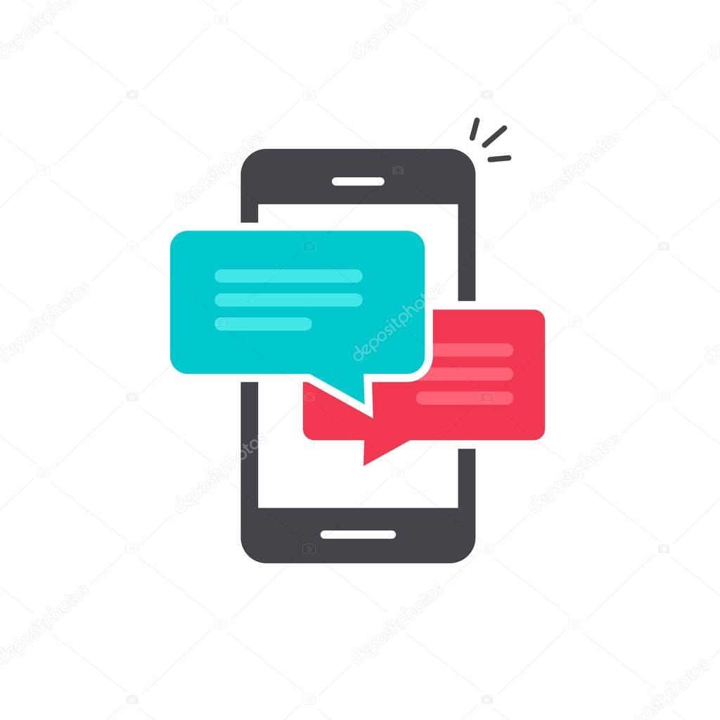 Chat in mobile phone icon vector, flat smartphone dialog bubble speeches symbol