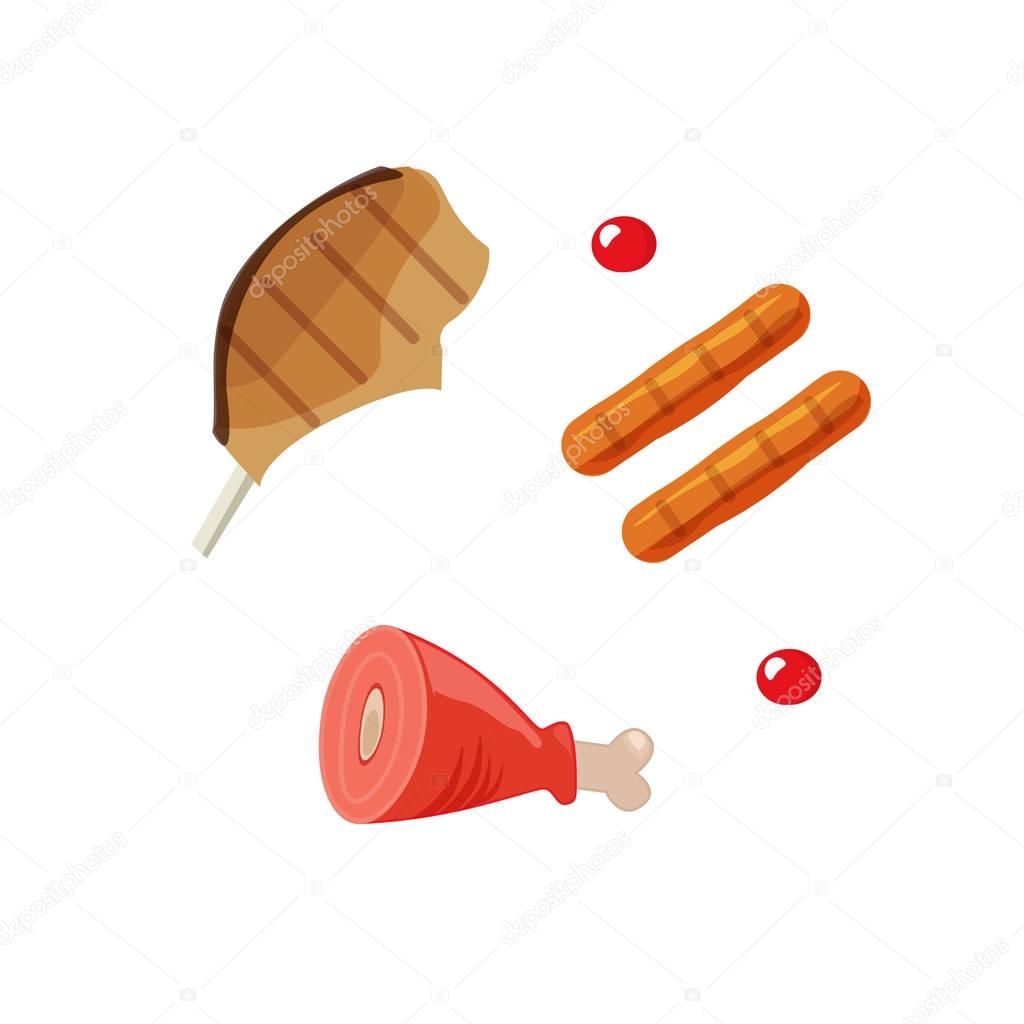 Cooked meat food vector illustration, grilled sausages, beef steak, gammon meal cartoon