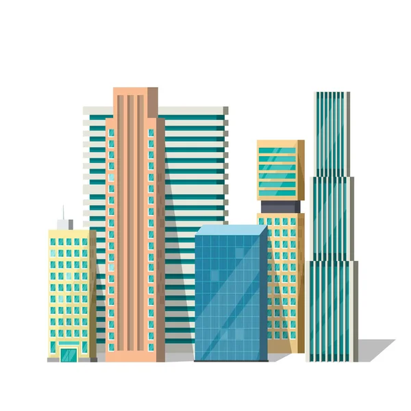 Gebouwen vector illustratie, moderne stad centrum plat bouwstijl — Stockvector