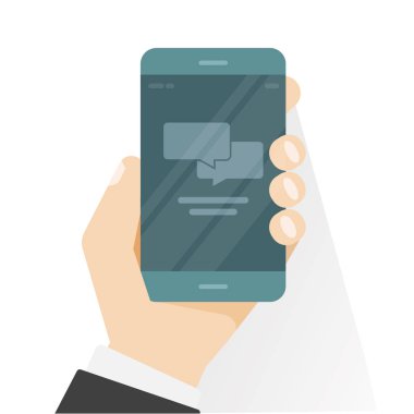 El sohbet gösterilen Smartphone app vektör çizim, düz stil siyah cep telefonu ile sohbet kabarcık konuşmalar