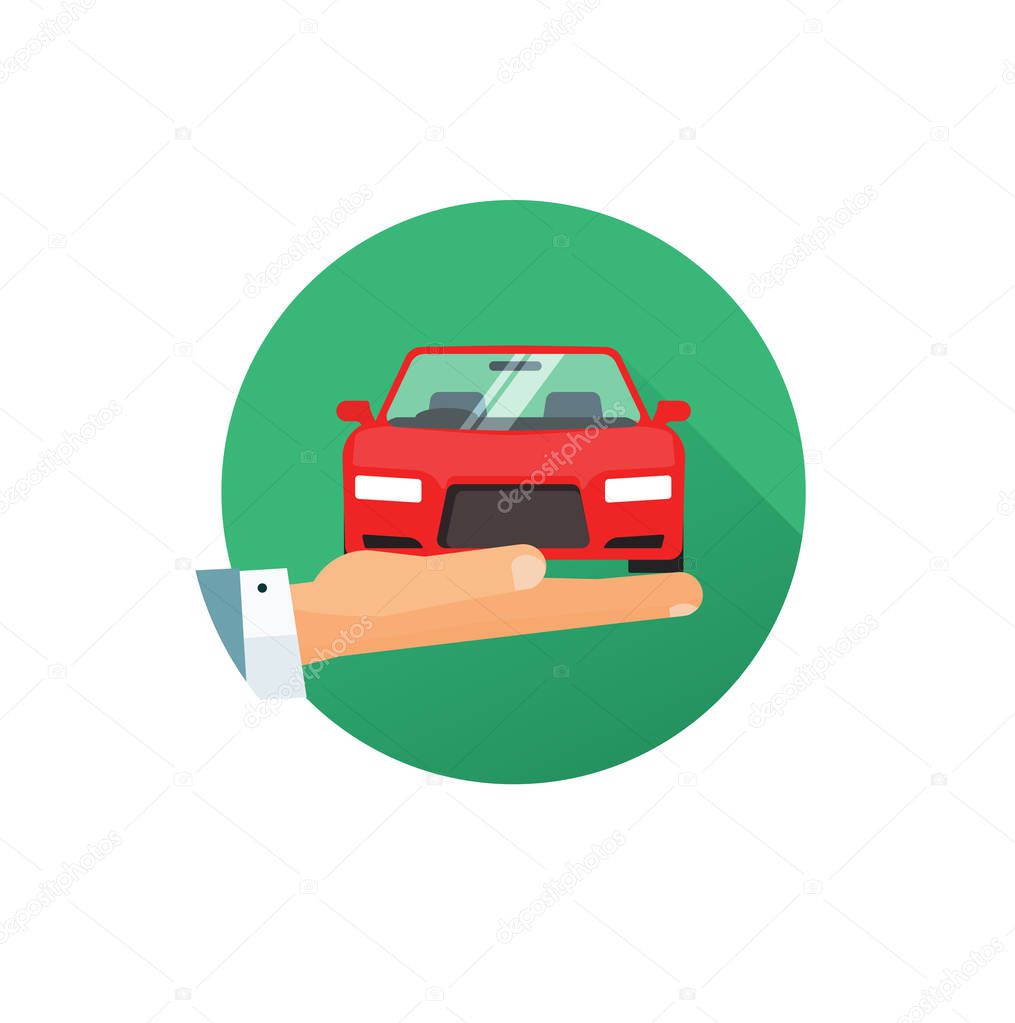 Rent a car vector logo idea, flat style hand giving new automobile, concept of auto care service symbol, dealer, insurance badge isolated on white background
