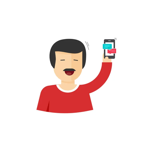 Homem feliz sorrindo com mão para cima segurando ilustração do vetor do smartphone — Vetor de Stock