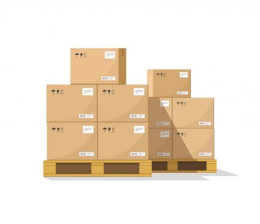 Boxes on wooded pallet vector, flat warehouse cardboard parcel boxes stack front view clipart