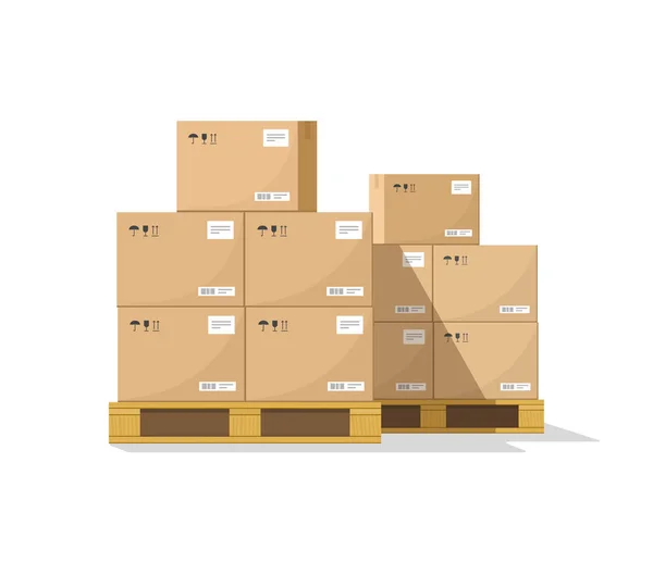 Cajas en vector de paletas arboladas, cajas de cartón de almacén plano apilan vista frontal — Vector de stock