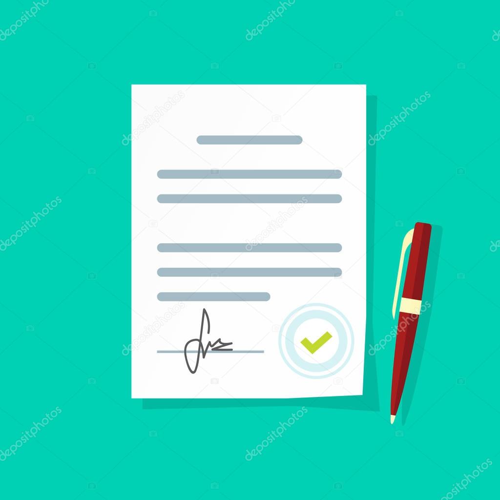 Agreement document vector icon, legal paper sheet contract page with signature and approved stamp