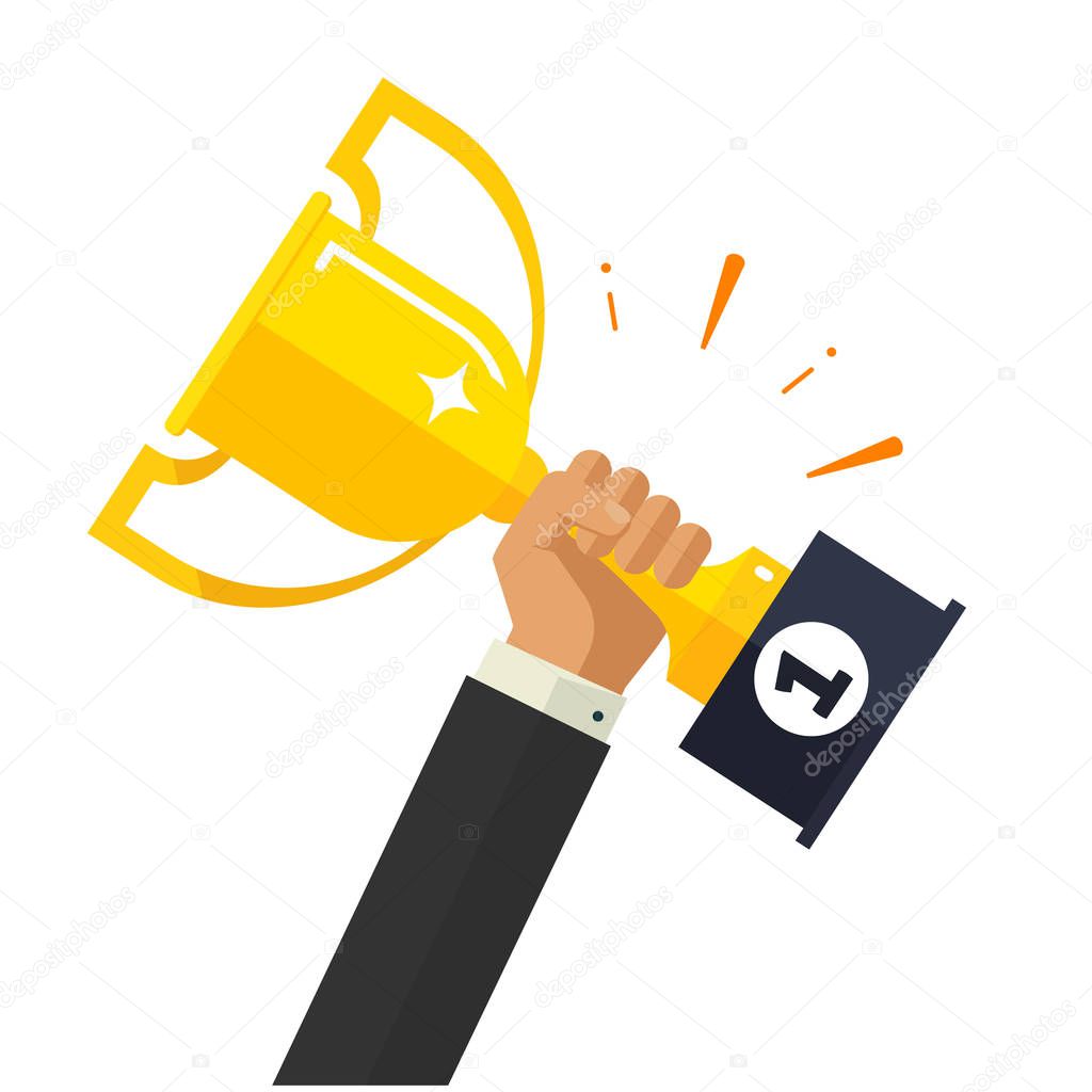 Business goal achievement vector, happy successful businessman holding golden cup award in hand