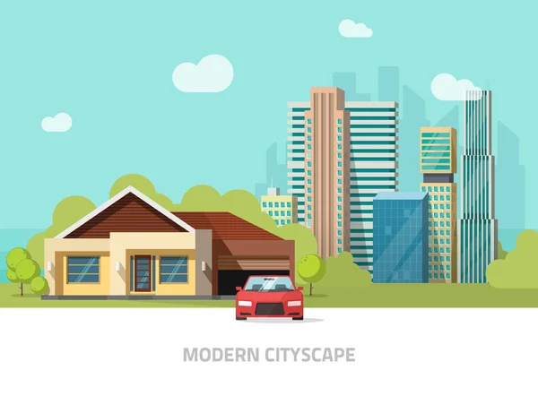 Vista del suburbio, edificios de la ciudad detrás de casa de campo casa vector ilustración, estilo plano paisaje urbano moderno — Vector de stock