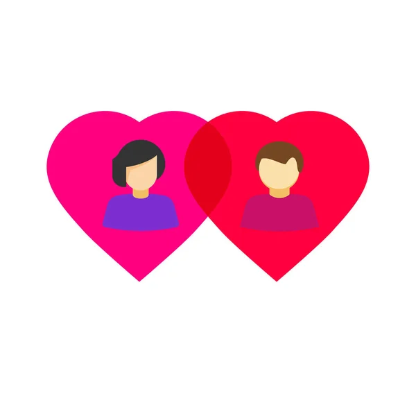 Homem e mulher apaixonados em dois corações juntos logotipo vetorial, ideia de símbolo de casamento casal — Vetor de Stock
