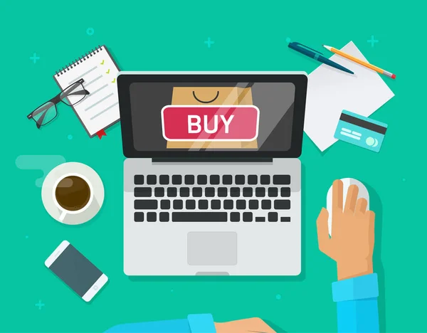 Online vásárlás koncepció vektor, a lapos stílusú laptop számítógép és a vevő személy vásárlás e-kereskedelem internetes áruház — Stock Vector