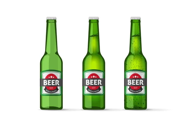 Bira şişeleri vektör nesneleri izole, gerçekçi tam soğuk ve boş yeşil bira şişesi — Stok Vektör