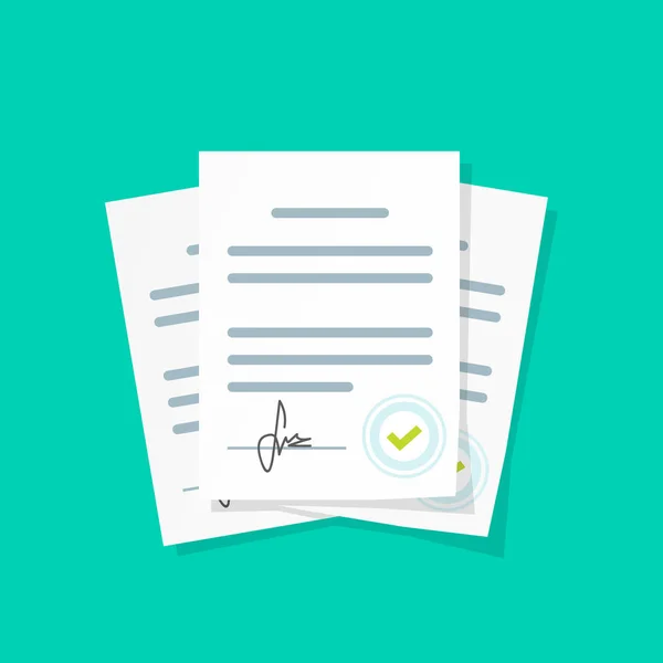 Contract documenten stapel vectorillustratie, stapel overeenkomsten document met ondertekening en goedkeuring stempel — Stockvector