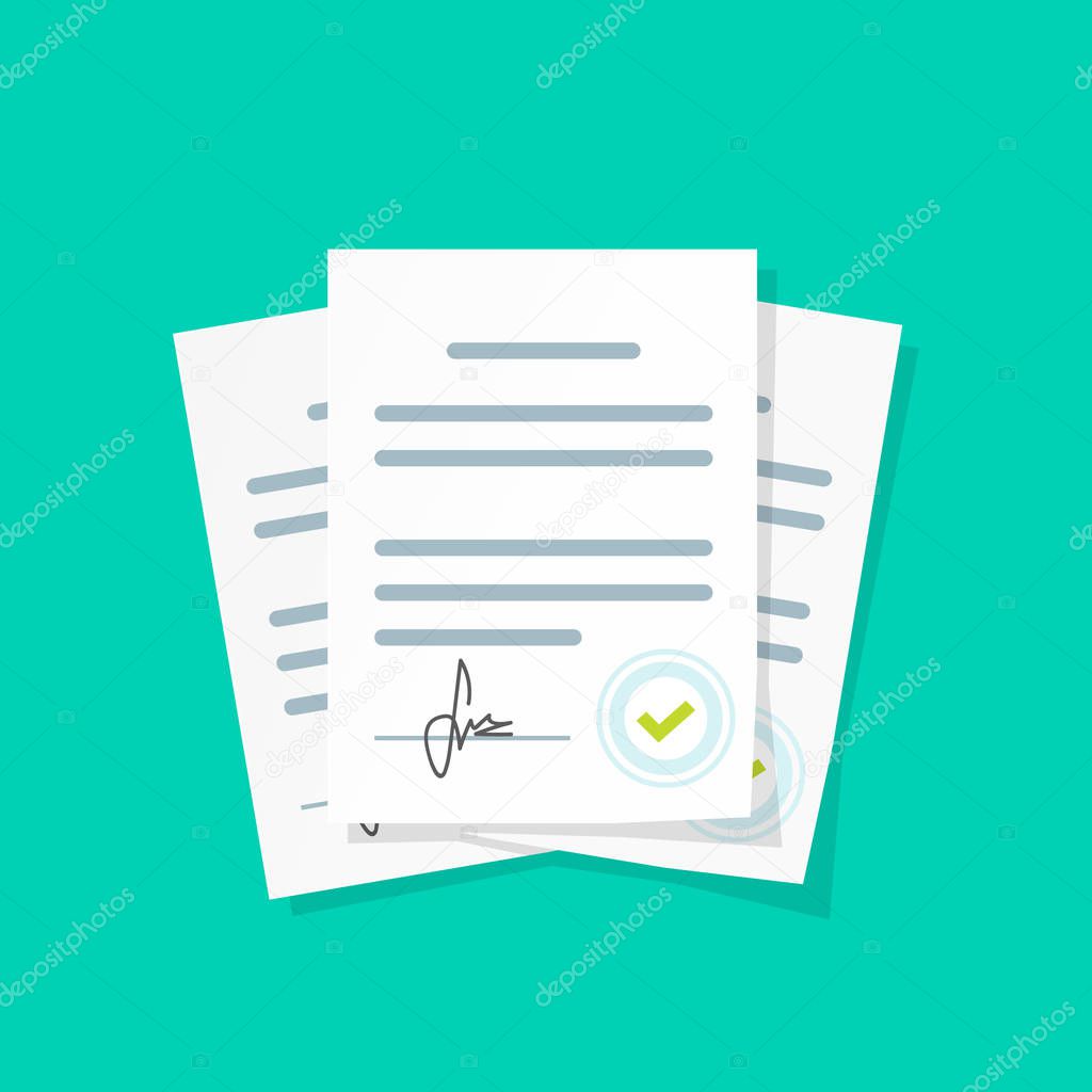 Contract documents pile vector illustration, stack of agreements document with signature and approval stamp