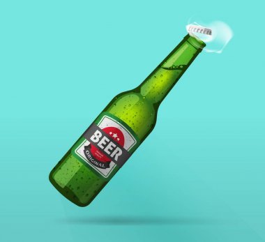 Bira şişe açın, açılan, yeşil cam şişe soğuk bira şişesiyle Buhar etkisi, taze gerçekçi vektör