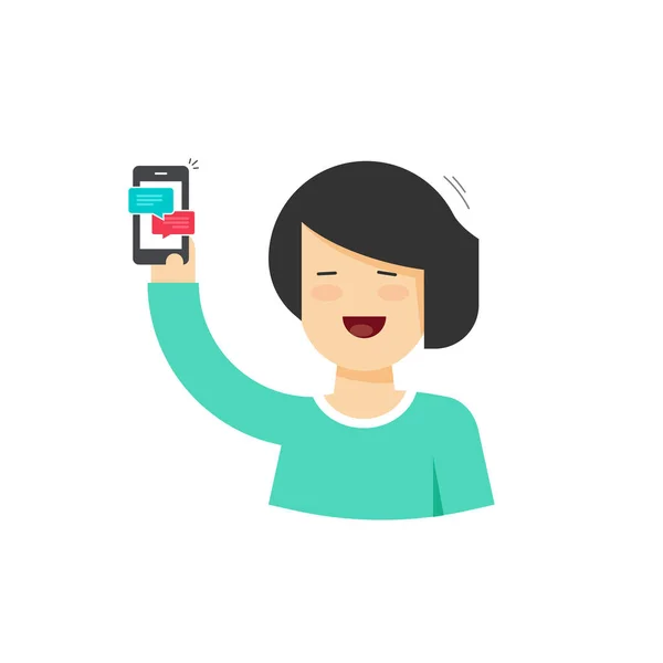 Мультяшна щаслива жінка тримає смартфон із повідомленнями про балачки, жінка з мобільним телефоном та смс-повідомленнями — стоковий вектор