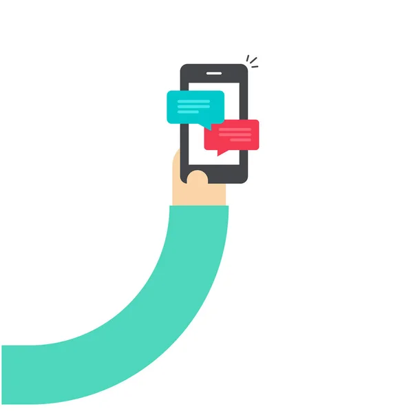 Mano de dibujos animados celebración de teléfono inteligente con notificaciones de chat, mano de la persona con el teléfono móvil y mensajes SMS, burbujas — Vector de stock