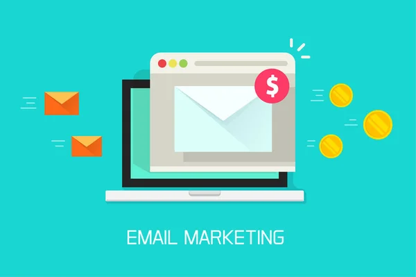 E-mail marketing campagne vector, vlakke laptop computerscherm met browser venster en nieuwsbrief conversie naar geld — Stockvector