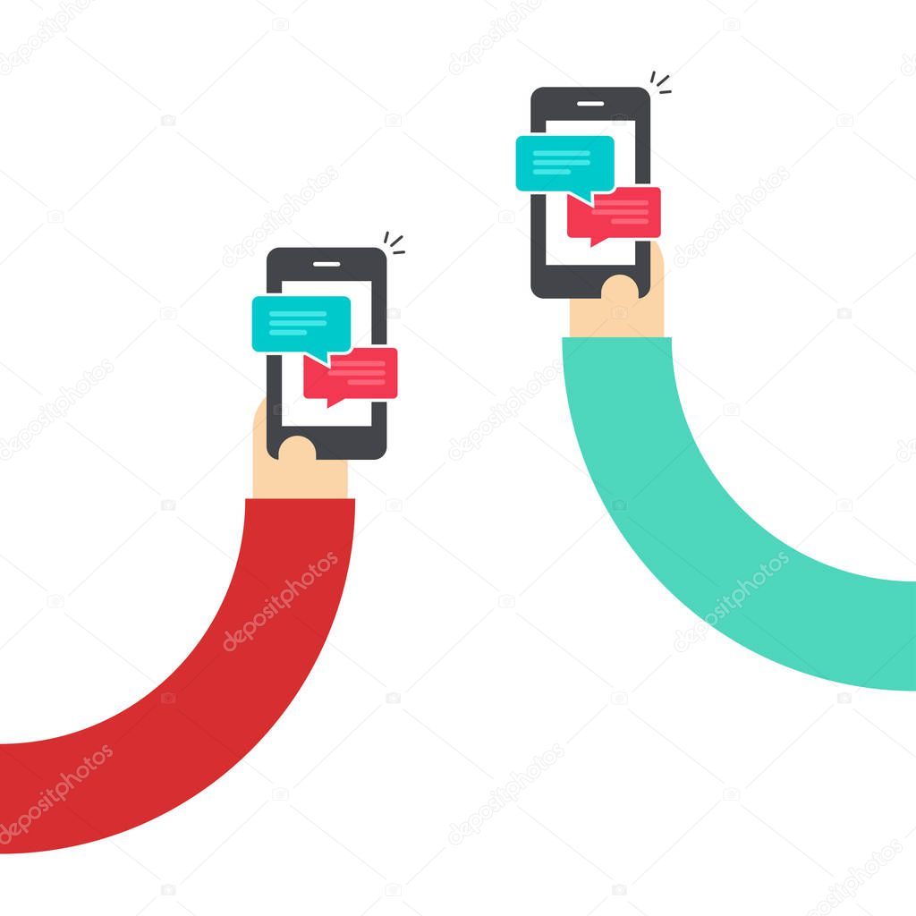 People chatting with mobile phones vector, hands with smartphones and messages chat, messaging with cellphone, sms