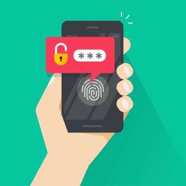 El ile kilidi parmak izi düğmesi ve parola bildirim vektör, cep telefonu güvenlik, cep telefonu kullanıcı kimlik doğrulaması, oturum açma, koruma ile smartphone