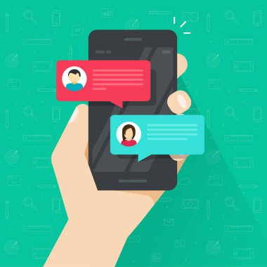 Haber tebliğ üstünde smartphone vektör, düz sms kabarcıklar hareket eden telefon ekranında, adam kişi telefonda kadınla sohbet sohbet