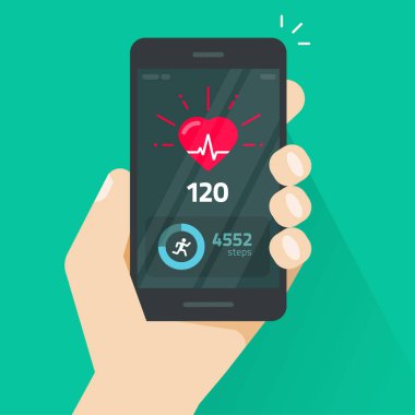 Cep telefonu ekran, kalp atışı ve çalışan faaliyet bilgi, cep telefonu vektör üzerinde fitness sağlık uygulaması olan nabız ölçer üzerinde sinyal göstergesi