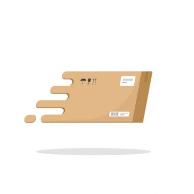 Hızlı teslimat kutusu uçan vektör simge düz çizgi film, karton paket parsel kutusu logo, Hızlı Kargo logo simge