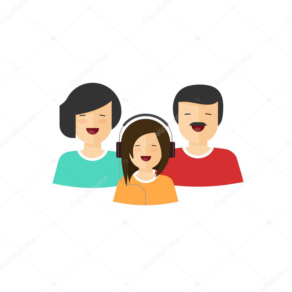 Happy family portrait view vector, flat cartoon mother father and daughter characters with smiling faces, parents and child laughing