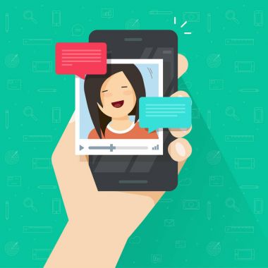 Akıllı telefon vektör, düz çizgi film cep telefonu ile görüntülü sohbet teknoloji, cep telefonu ile online konuşan insanlar üzerinde online video çağrısı