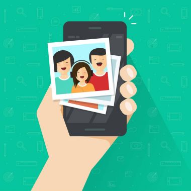 Cep telefonu düz çizgi film, akıllı telefon vektör çizim, fotoğraf üzerinde cep telefonu ailesinin fotoğraf albümü üzerinde Fotoğraf Galerisi