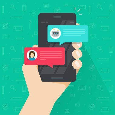 Kişi ile sohbet etmek hareket eden telefon vektör, sohbet bot tartışma ile düz çizgi film smartphone, cep telefonu messenger sohbet etmek hizmet, iletişim teknolojisi ile sohbet