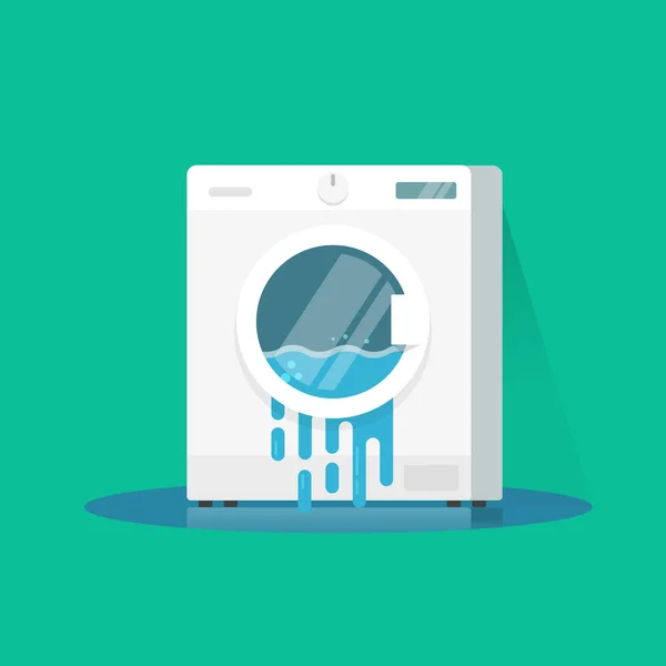Lavadora rota ilustración vectorial, dibujos animados plana lavadora dañada con agua corriente en el suelo — Vector de stock