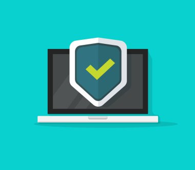 Bilgisayar koruma vektör simgesi, izole düz çizgi film laptop ile kalkan simgesi, pc güvenlik, güvenlik duvarı teknolojisi, gizlilik güvenlik illüstrasyon clipart fikri korumalı.