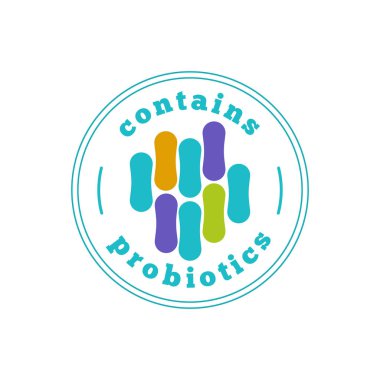 Probiyotikler etiket vektör, probiyotik logo rozet fikri, bakteri işareti içerir