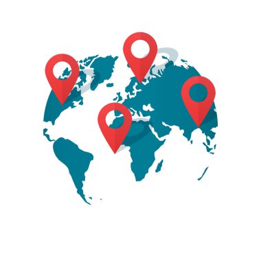 Dünya harita konumu vektör, küresel gps ulaşım coğrafi işaretçi pimleri