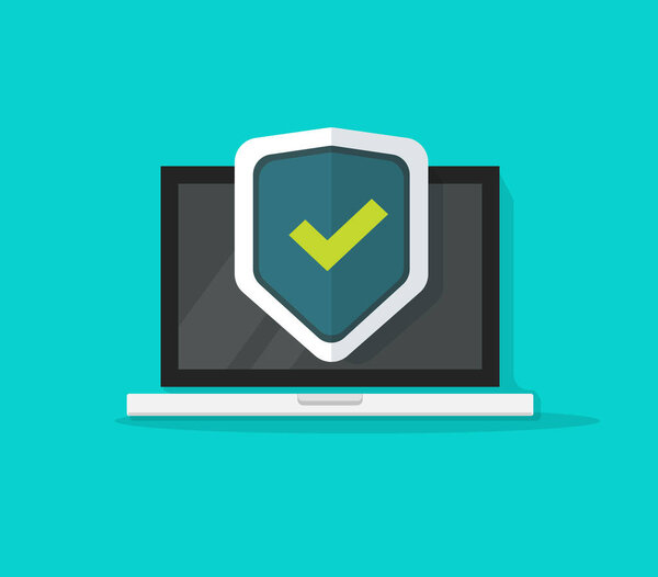 Иконка вектора защиты компьютера изолирован, плоский ноутбук мультфильм защищен символом щита, идея безопасности ПК, технологии брандмауэра, неприкосновенность частной жизни иллюстрации клипарт
