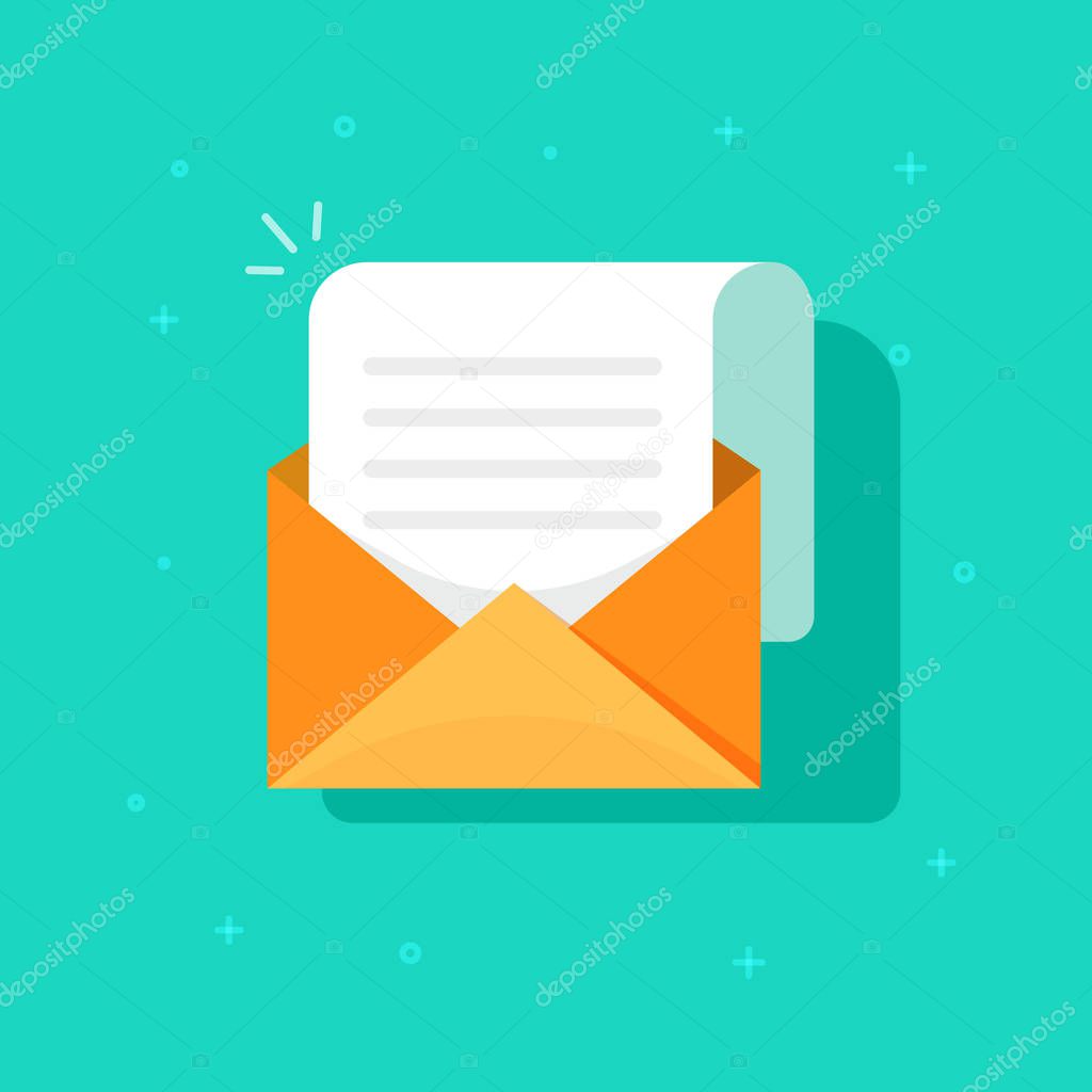 New email message icon, flat carton envelope with open mail correspondence, e-mail letter clipart