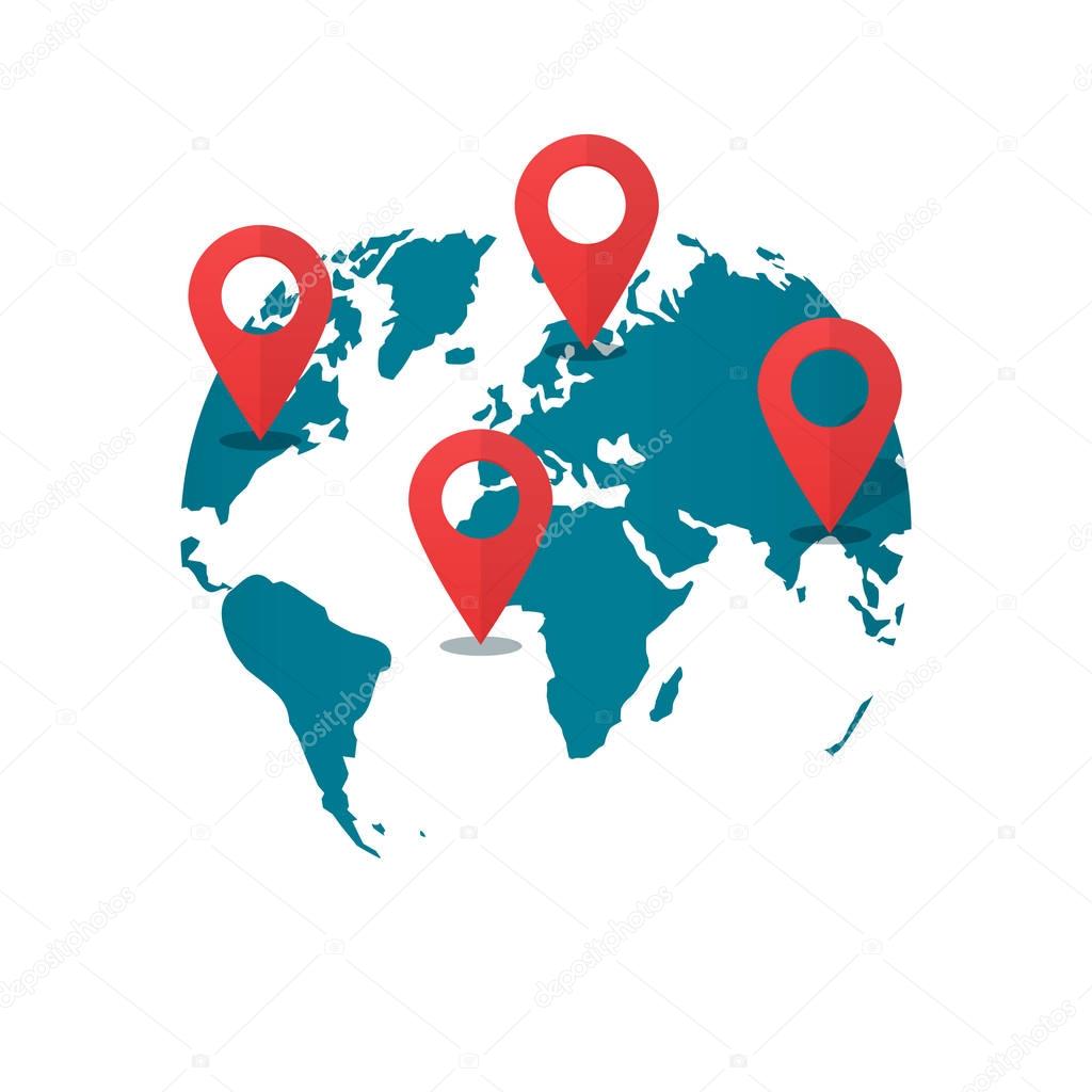World map destination pins, concept of global gps transportation logistic