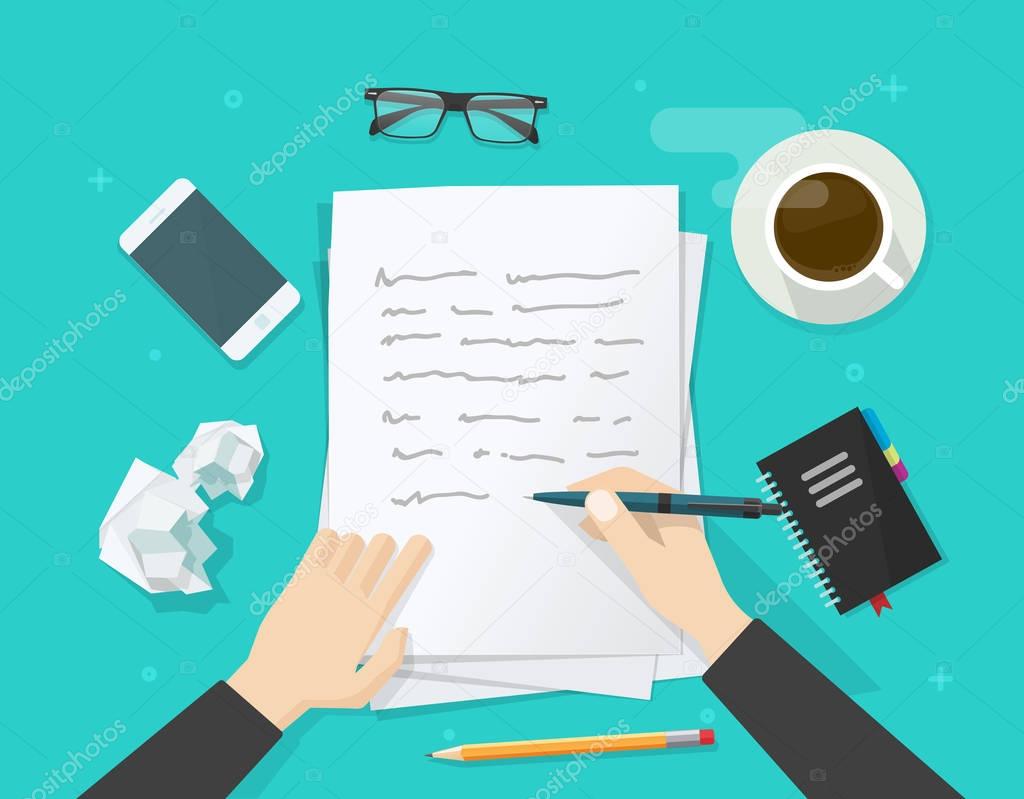 Writer writing on paper sheet, workplace, author desktop, write letter