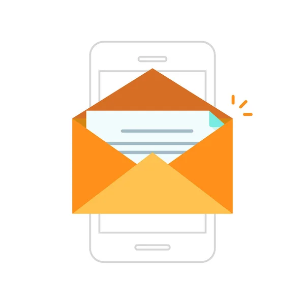 E-mail melding mobiele telefoon, envelop met nieuw bericht op smartphone — Stockvector