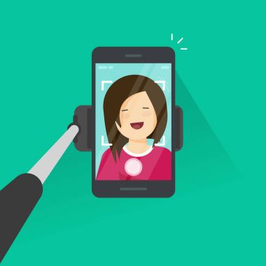 İllüstrasyon vektör Selfie sopa ve kendine ait fotoğraf yapma smartphone, cep telefonu düz çizgi film genç mutlu kızla yapmak kendi fotoğraf