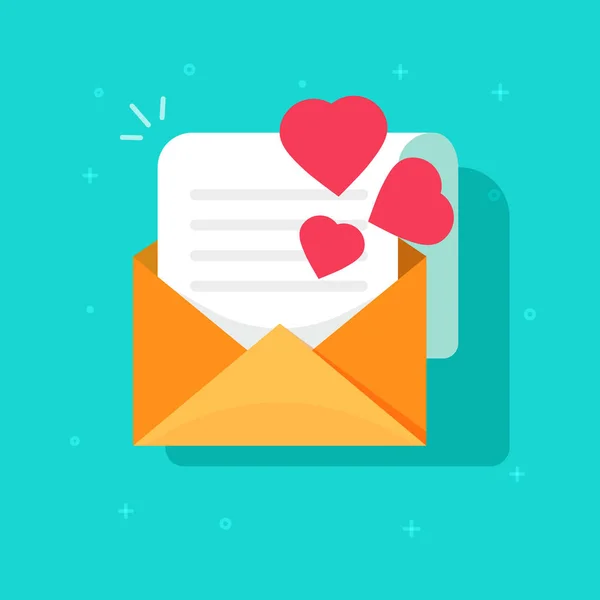 Любов зізнання пошта або електронна пошта Векторна ікона плоский мультфільм, відкритий конверт з прочитаним листом паперу та сердечками, ідея романтичного запрошення, романтична пошта, вітальний подарунок — стоковий вектор