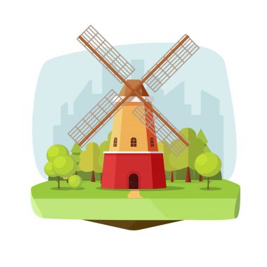 Doğa manzara vektör çizim, düz karton retro Hollanda Yeldeğirmeni şehir arka plan üzerinde forest yakınındaki çiftlikte değirmen