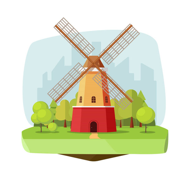 Mill farm on nature landscape vector illustration, flat carton retro dutch windmill near forest on city background
